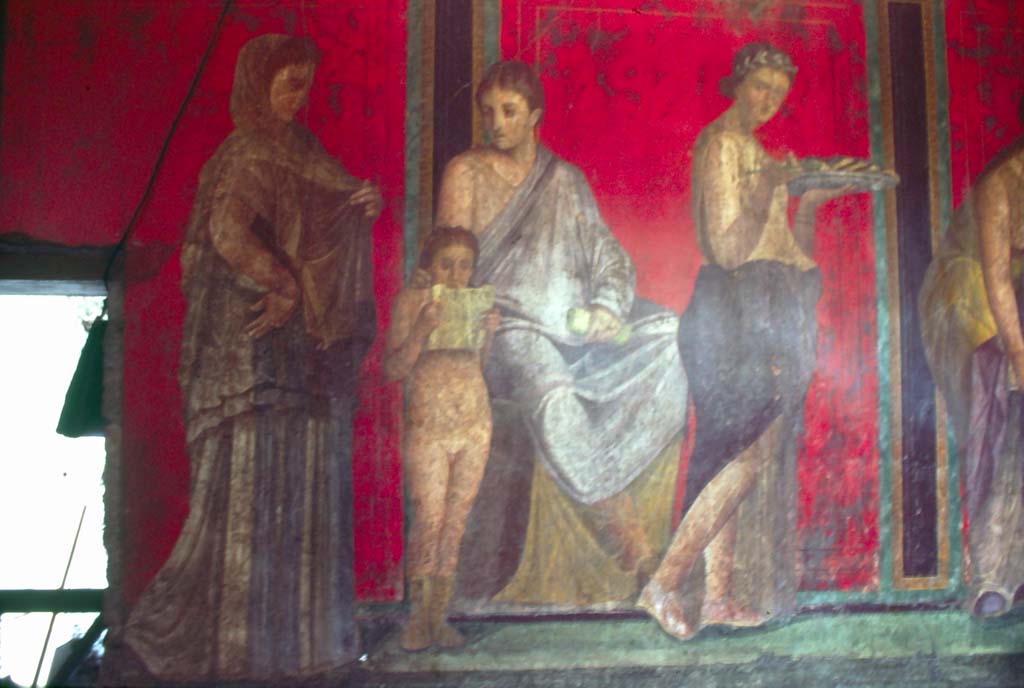Villa dei Misteri, Pompeii. October 1981. Room 5, detail from north wall.
Photo courtesy of Rick Bauer, from Dr George Fay’s slides collection.