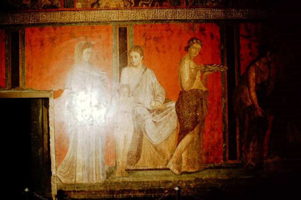 Villa of Mysteries, Pompeii. 1957. Room 5, detail from north wall.  Photo by Stanley A. Jashemski.
Source: The Wilhelmina and Stanley A. Jashemski archive in the University of Maryland Library, Special Collections (See collection page) and made available under the Creative Commons Attribution-Non Commercial License v.4. See Licence and use details.
J57f0374