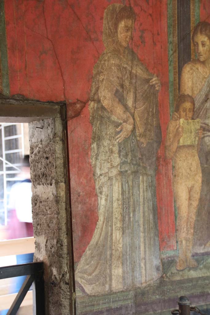 Villa of Mysteries, Pompeii. April 2014. Room 5, detail from north wall. 
Photo courtesy of Klaus Heese.