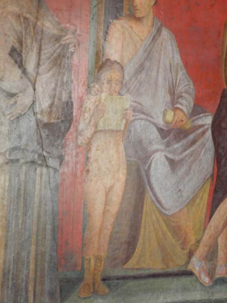Villa of Mysteries, Pompeii. May 2015. Room 5, detail from north wall. Photo courtesy of Buzz Ferebee.