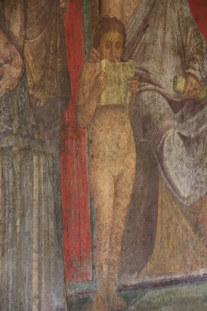 Villa of Mysteries, Pompeii. April 2014. Room 5, detail from north wall. 
Photo courtesy of Klaus Heese.