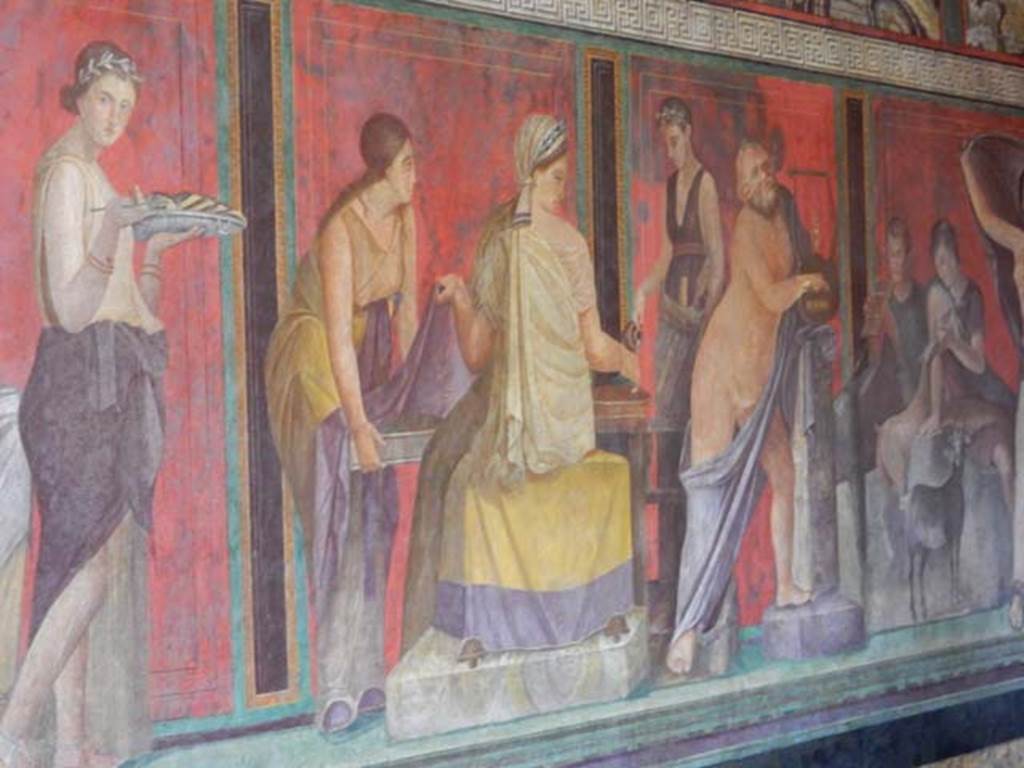 Villa of Mysteries, Pompeii. May 2015. Room 5, detail from north wall. Photo courtesy of Buzz Ferebee.