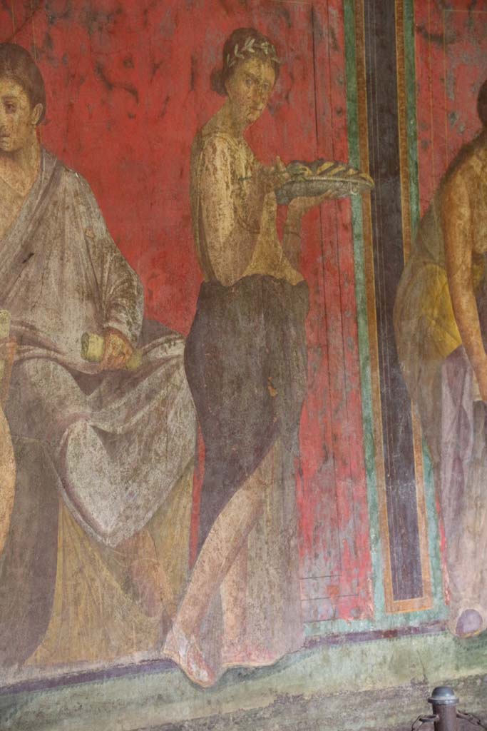 Villa of Mysteries, Pompeii. April 2014. 
Room 5, detail from north wall. Photo courtesy of Klaus Heese.