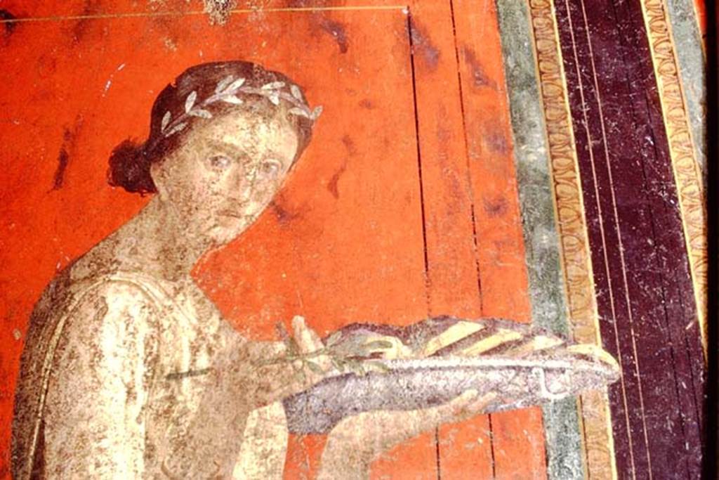 Villa of Mysteries, Pompeii. 1968. Room 5 detail from north wall. Photo by Stanley A. Jashemski.
Source: The Wilhelmina and Stanley A. Jashemski archive in the University of Maryland Library, Special Collections (See collection page) and made available under the Creative Commons Attribution-Non Commercial License v.4. See Licence and use details.
J68f1383
