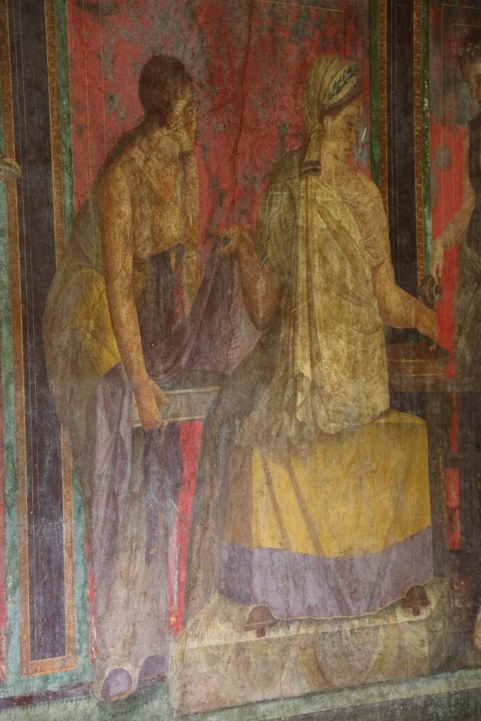 Villa of Mysteries, Pompeii. April 2014. Room 5, detail from north wall.
Photo courtesy of Klaus Heese.