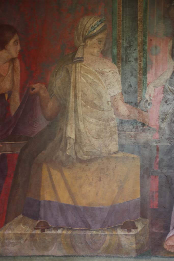 Villa of Mysteries, Pompeii. September 2021. 
Room 5, detail of figure from north wall. Photo courtesy of Klaus Heese.