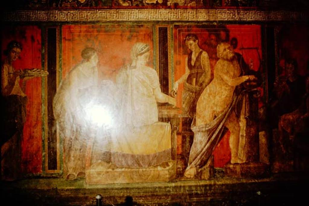 Villa of Mysteries, Pompeii. 1957. Room 5 detail from north wall. Photo by Stanley A. Jashemski.
Source: The Wilhelmina and Stanley A. Jashemski archive in the University of Maryland Library, Special Collections (See collection page) and made available under the Creative Commons Attribution-Non Commercial License v.4. See Licence and use details.
J57f0375