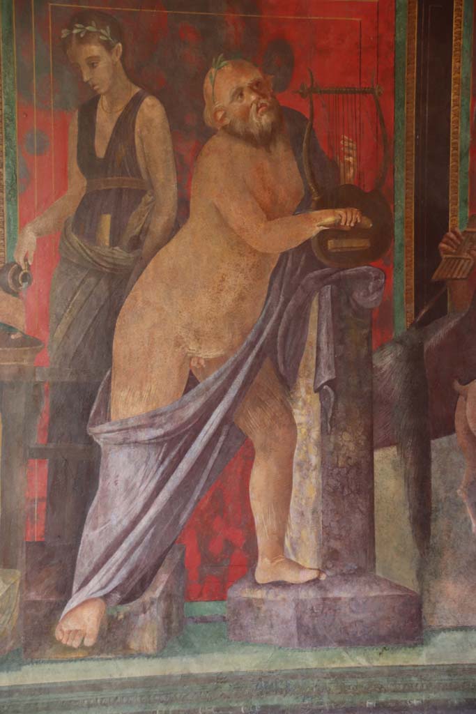 Villa of Mysteries, Pompeii. September 2021. 
Room 5, Silenus playing the lyre, detail from north wall. Photo courtesy of Klaus Heese.