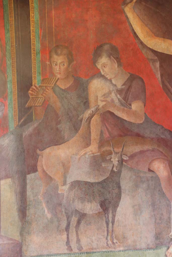 Villa of Mysteries, Pompeii. September 2021. 
Room 5, Paniscus, mythological figures who lived in the woods, suckle a kid and play music, detail of figures and goats from north wall. 
Photo courtesy of Klaus Heese.