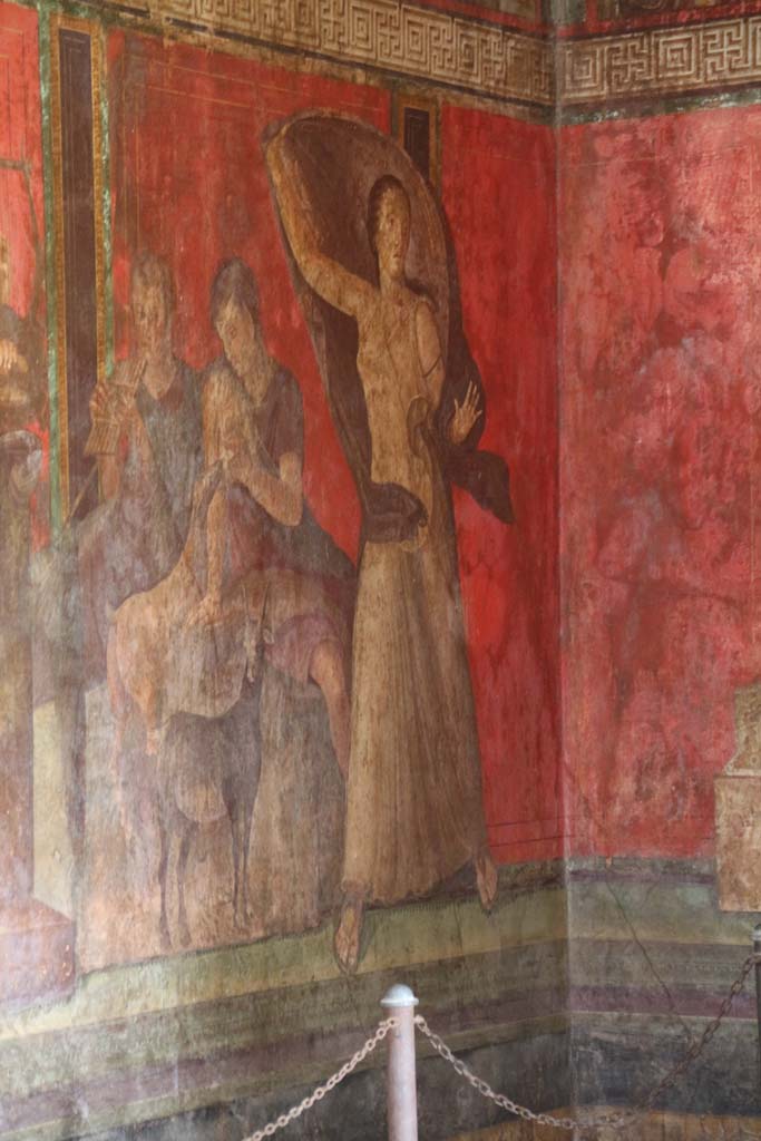 Villa of Mysteries, Pompeii. April 2014. Room 5 detail from north wall at east end and north-east corner.
Photo courtesy of Klaus Heese.