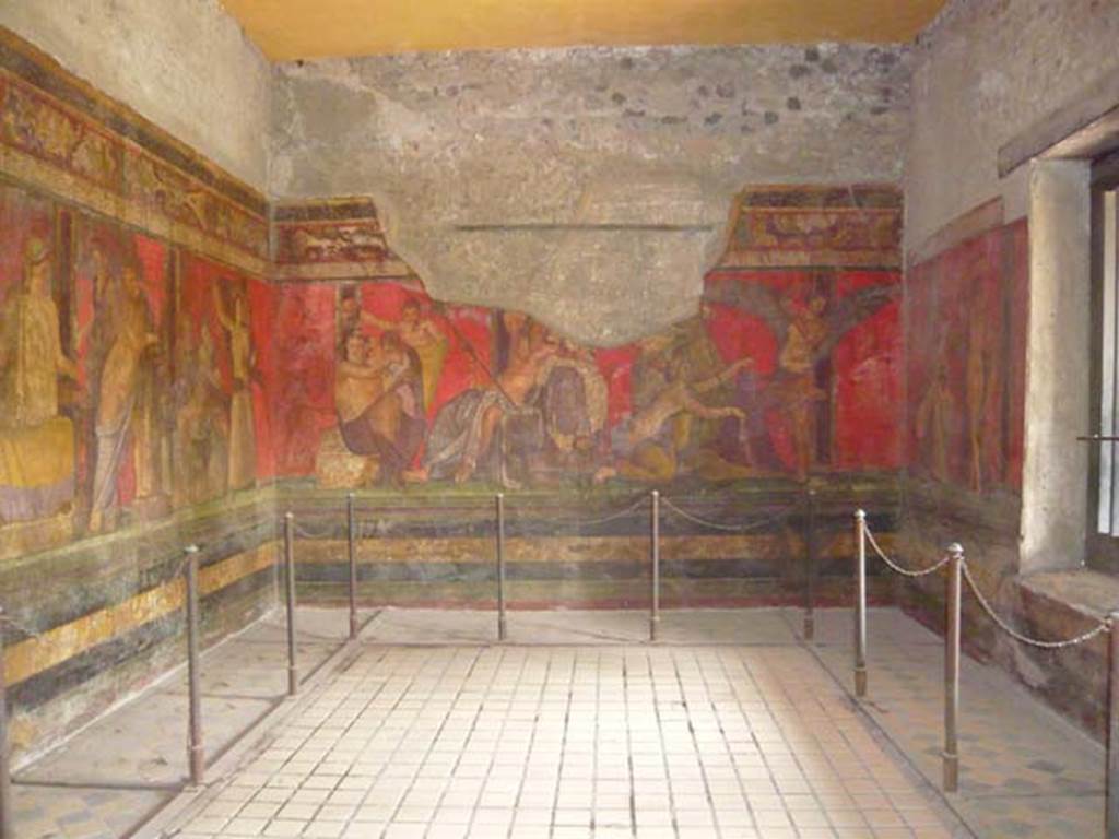 Villa of Mysteries, Pompeii. May 2012. Room 5, looking towards the east wall.
Photo courtesy of Buzz Ferebee.