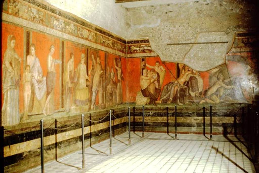 Villa of Mysteries, Pompeii. 1961. Room 5, north and east wall. Photo by Stanley A. Jashemski.
Source: The Wilhelmina and Stanley A. Jashemski archive in the University of Maryland Library, Special Collections (See collection page) and made available under the Creative Commons Attribution-Non Commercial License v.4. See Licence and use details.
J61f0442