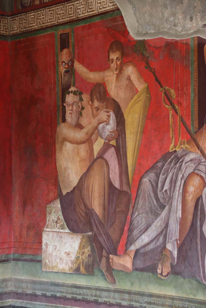 Villa of Mysteries, Pompeii. September 2021. 
Room 5, detail from east wall at north end. Photo courtesy of Klaus Heese.