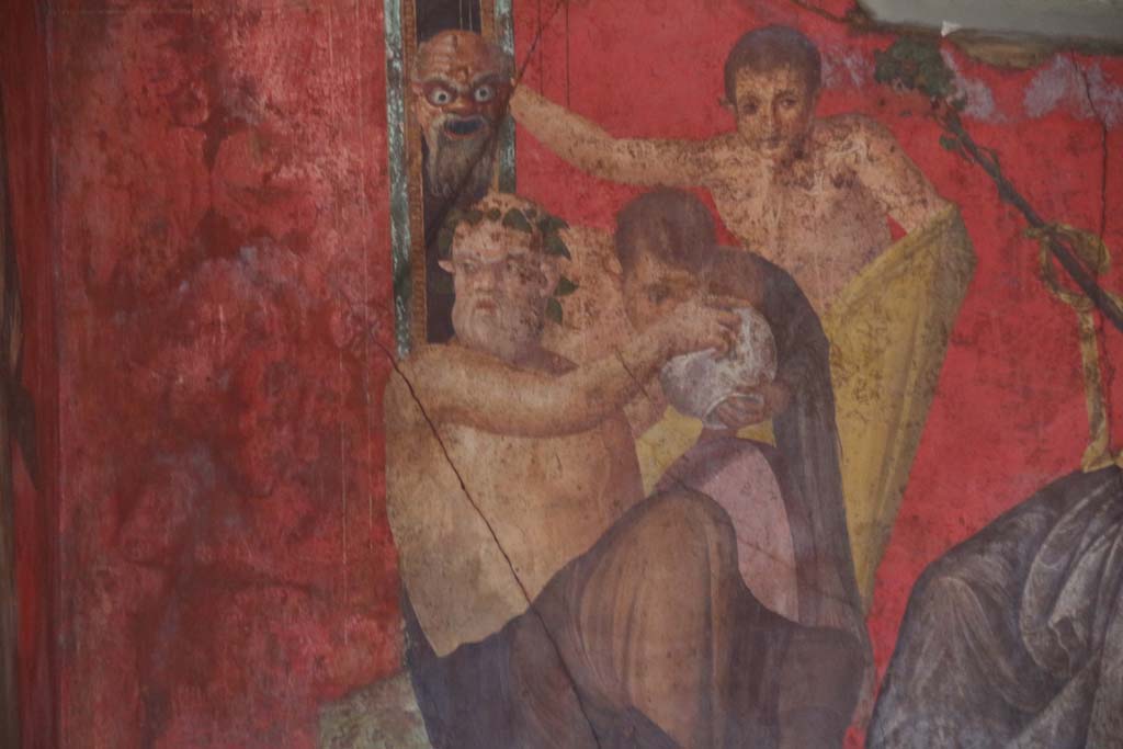 Villa of Mysteries, Pompeii. April 2014. 
Room 5, detail of Satyrs from east wall of painting of Dionysian mystery, in north-east corner.
Photo courtesy of Klaus Heese.