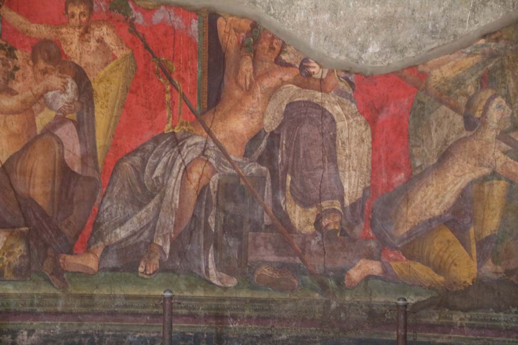 Villa of Mysteries, Pompeii. April 2014. Room 5, Dionysus and Ariadne in perfect union of the divine and the human worlds, detail from east wall. 
Photo courtesy of Klaus Heese.