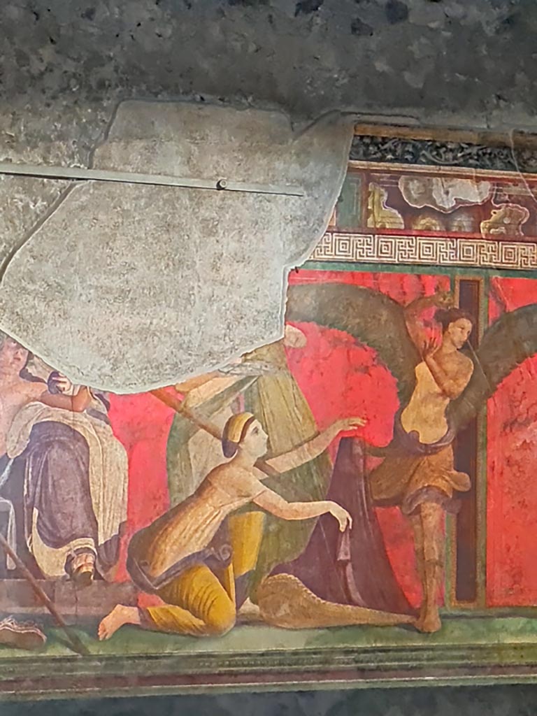 Villa of Mysteries, Pompeii. November 2023. 
Room 5, detail on east wall at south end. Photo courtesy of Giuseppe Ciaramella.