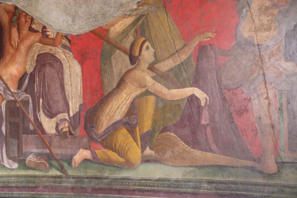 Villa of Mysteries, Pompeii. September 2021. 
Room 5, the unveiling of the phallus, a symbol of the power of nature to create. Detail on east wall at south end. 
Photo courtesy of Klaus Heese.