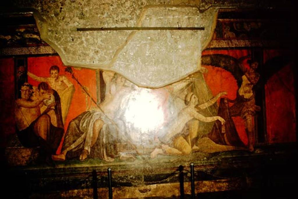 Villa of Mysteries, Pompeii. 1957. Room 5, detail from east wall. Photo by Stanley A. Jashemski.
Source: The Wilhelmina and Stanley A. Jashemski archive in the University of Maryland Library, Special Collections (See collection page) and made available under the Creative Commons Attribution-Non Commercial License v.4. See Licence and use details.
J57f0377