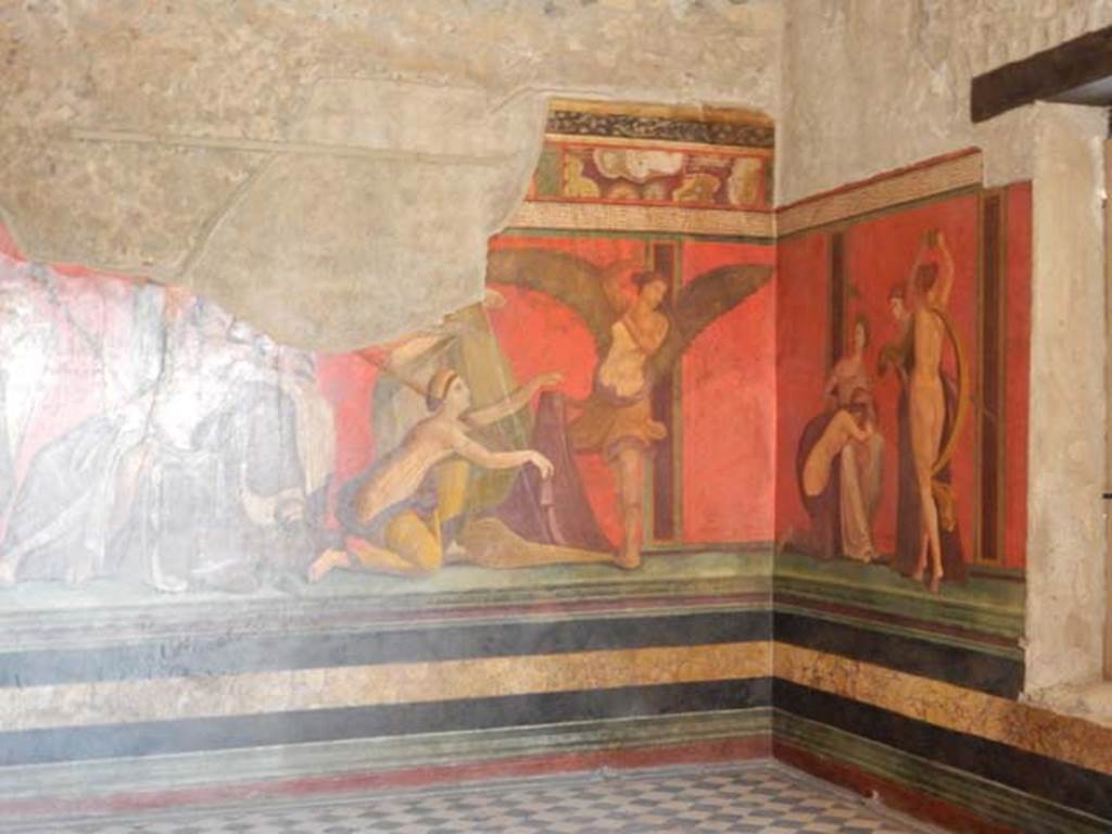 Villa of Mysteries, Pompeii. May 2015. Room 5, detail from east wall and south-east corner. Photo courtesy of Buzz Ferebee.
