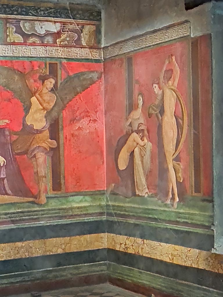 Villa of Mysteries, Pompeii. November 2023. 
Room 5, south-east corner. Photo courtesy of Giuseppe Ciaramella.