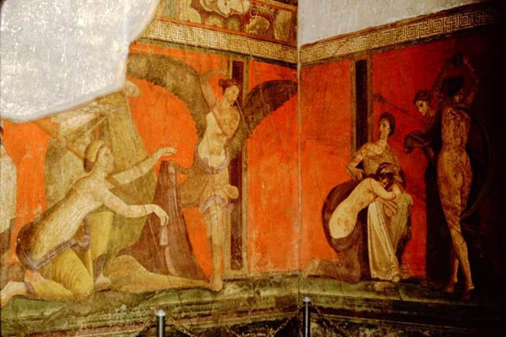 Villa of Mysteries, Pompeii. 1961. Room 5, the flagellation and orgiastic dance with which the Dionysian cycle concludes.
Detail in south-east corner. Photo by Stanley A. Jashemski.
Source: The Wilhelmina and Stanley A. Jashemski archive in the University of Maryland Library, Special Collections (See collection page) and made available under the Creative Commons Attribution-Non-Commercial License v.4. See Licence and use details.
J61f0447