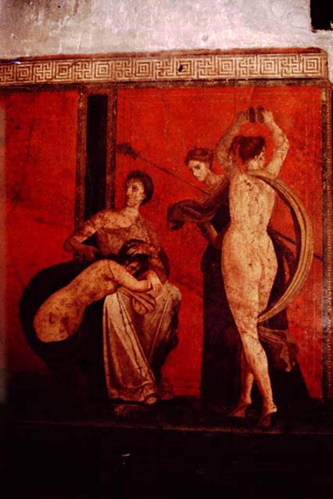 Villa of Mysteries, Pompeii. 1961. Room 5, detail from south wall.  Photo by Stanley A. Jashemski.
Source: The Wilhelmina and Stanley A. Jashemski archive in the University of Maryland Library, Special Collections (See collection page) and made available under the Creative Commons Attribution-Non Commercial License v.4. See Licence and use details.
J61f0454