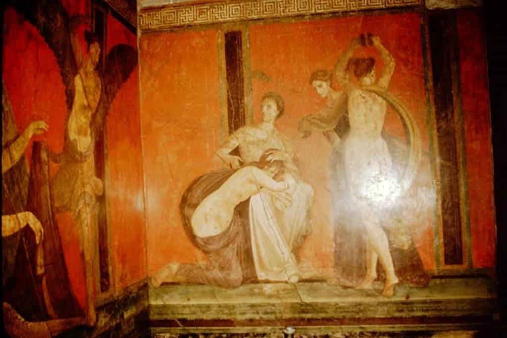 Villa of Mysteries, Pompeii. 1957. Room 5, detail from south wall, in south-east corner.   
Photo by Stanley A. Jashemski.
Source: The Wilhelmina and Stanley A. Jashemski archive in the University of Maryland Library, Special Collections (See collection page) and made available under the Creative Commons Attribution-Non Commercial License v.4. See Licence and use details.
J57f0378