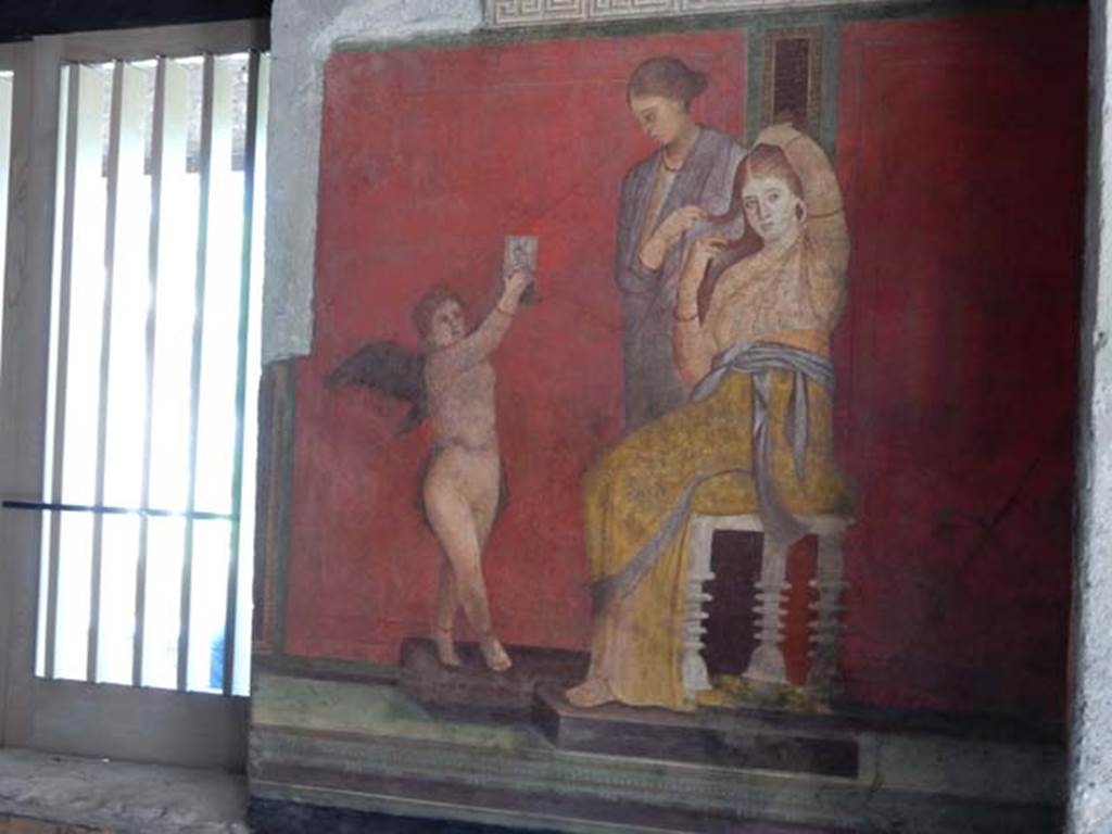 Villa of Mysteries, Pompeii. May  2015. Room 5, detail from south wall.