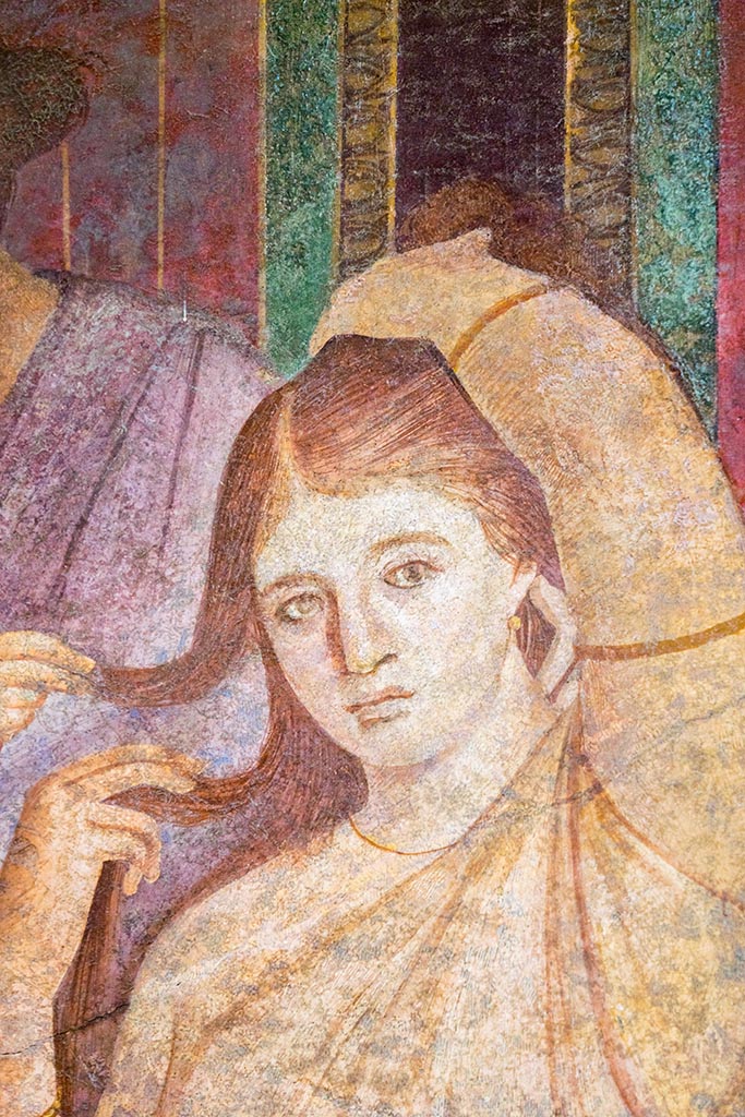 Villa of Mysteries, Pompeii. July 2024. 
Room 5, detail of painted figure from south wall. Photo courtesy of Johannes Eber.