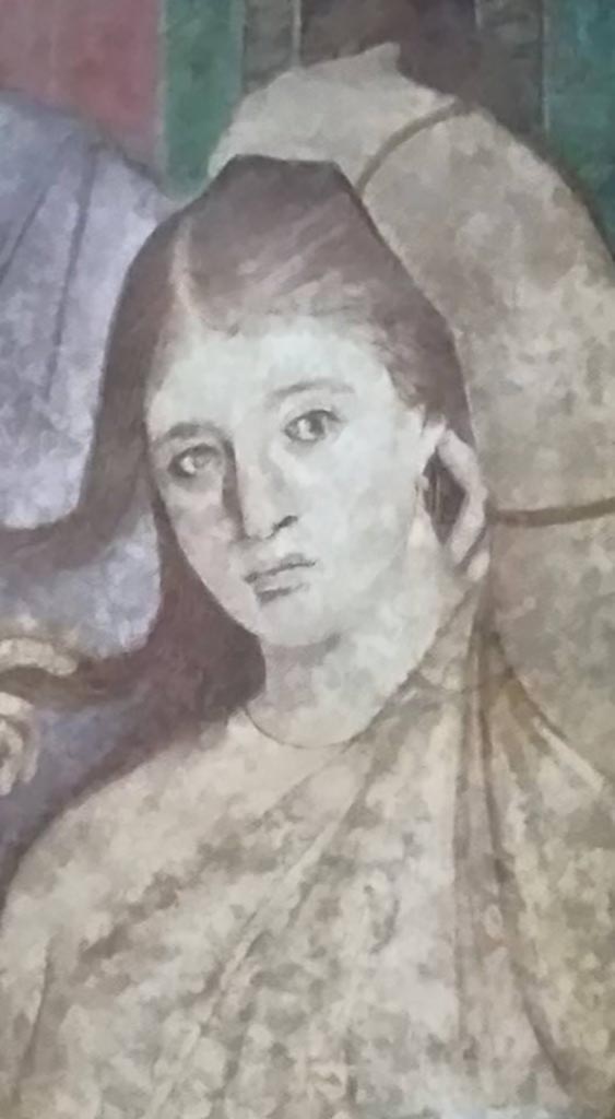 Villa of Mysteries, Pompeii. c.2015-2017.  
Room 5, detail of painted figure from south wall. Photo courtesy of Giuseppe Ciaramella.