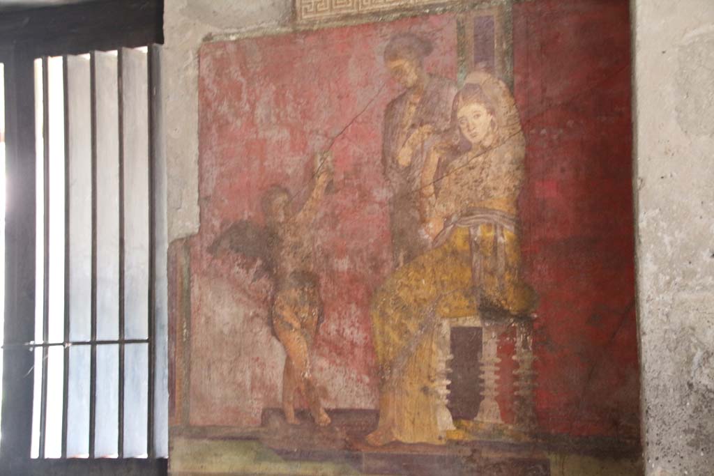 Villa of Mysteries, Pompeii. April 2014. Room 5, detail from south wall in south-west corner. Photo courtesy of Klaus Heese.