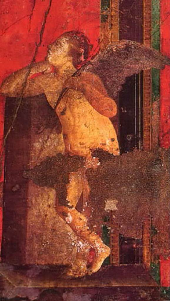 Villa of Mysteries, Pompeii. May 2006. 
Room 5, detail from west wall in south-west corner.
Detail from wall painting of Dionysian mystery.