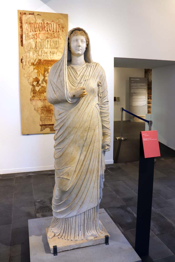 Villa of Mysteries, Pompeii. February 2021. 
Statue of Livia, found in peristyle of Villa of Mysteries, on display in Antiquarium at VIII.1.4. 
Photo courtesy of Fabien Bièvre-Perrin (CC BY-NC-SA).