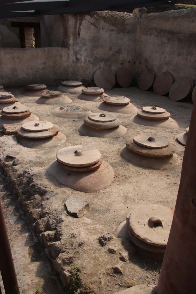 18 dolia at Villa Regina, Boscoreale. September 2021. 
Room I, looking north-east across cella vinaria. Photo courtesy of Klaus Heese.