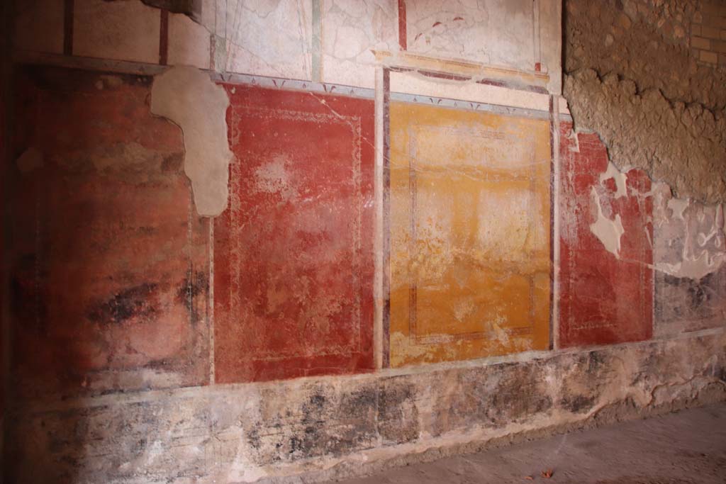 Villa Regina, Boscoreale. September 2021. 
Triclinium IV, detail of painted III Style decoration on west wall. Photo courtesy of Klaus Heese.