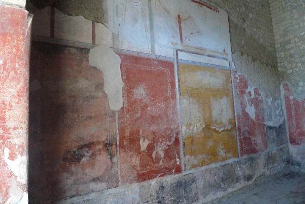 Villa Regina, Boscoreale. July 2010. Room IV triclinium, west wall.
Photo courtesy of Michael Binns.