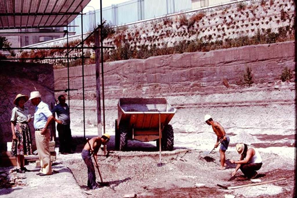 Villa Regina, Boscoreale. 1980. Removing the lapilli down to the original level.  Photo by Stanley A. Jashemski.   
Source: The Wilhelmina and Stanley A. Jashemski archive in the University of Maryland Library, Special Collections (See collection page) and made available under the Creative Commons Attribution-Non Commercial License v.4. See Licence and use details. J80f0172