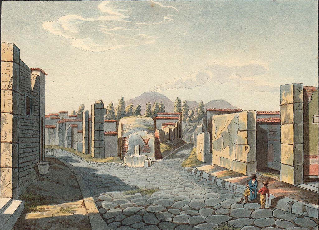 Via Consolare at junction with Vicolo di Narciso. 
Pre-1824 painting “Vue de Pompei en entrant par la Rue des Tombeaux” by Jakob Wilhelm Huber.
See Huber, J. W., 1824. Vues pittoresques des ruines les plus remarquables de l’ancienne ville de Pompei, pl. V.