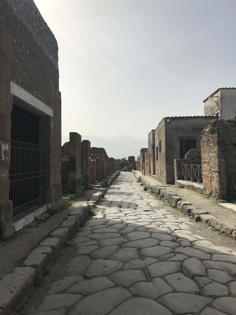 Via Consolare, Pompeii, April 2019. Looking south between VI.2 and VI.17, with VI.2.3, on left. 
Photo courtesy of Rick Bauer.