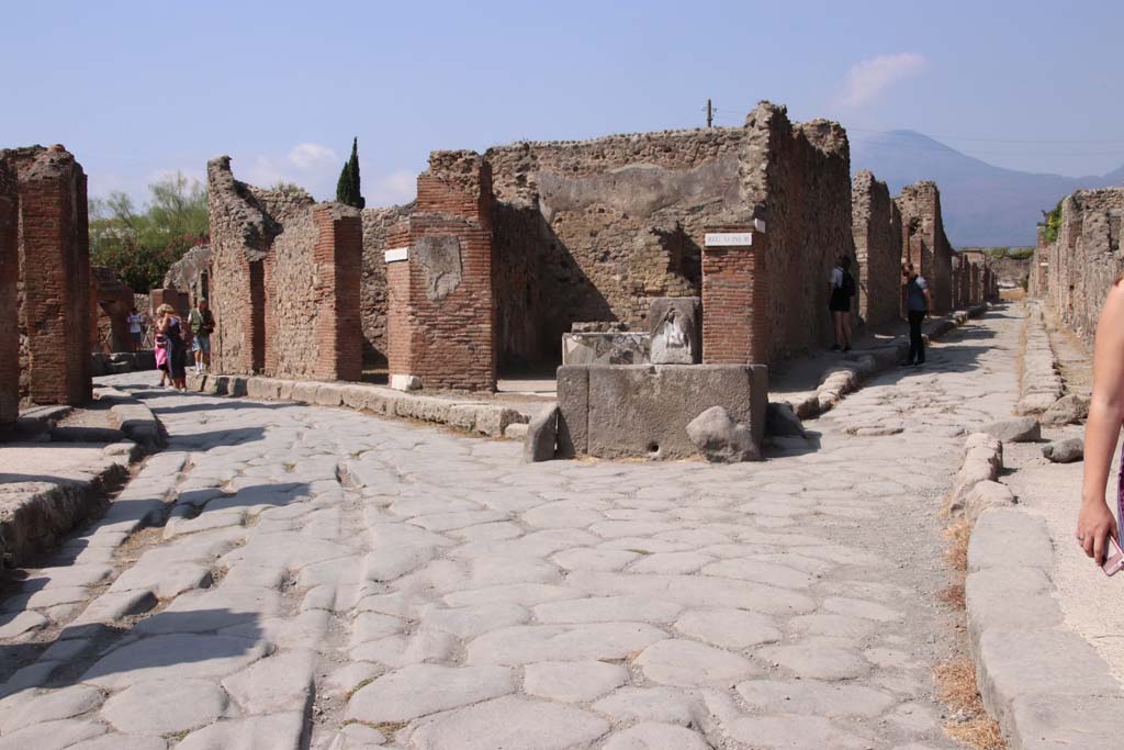 Via Consolare, on left, Pompeii. September  2019. 
Looking north towards fountain at junction with Via Consolare and Vicolo di Modesto, on right.
Photo courtesy of Klaus Heese.