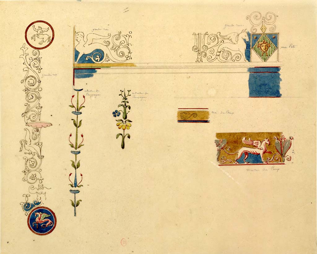 Via Consolare (?). Undated paintings by Chenavard. (Probably from VI.1.7).
Mixed decorations from various places, Diomedes, Grande Rue etc.  (The Grand Rue would have been Via Consolare).
On the left, painted candelabra described as being from the Grand Rue.
Next to it, painted decoration from Maison de Campagne (Diomedes).
Next to that, painted decoration from Maison de Campagne (Diomedes).
On the right, two decs from Maison de Campagne (Diomedes).
On the upper right, the painted architecture is described as being from the Grand Rue.
See Chenavard, Antoine-Marie (1787-1883) et al. Voyage d'Italie, croquis Tome 3, pl. 112.
INHA Identifiant numérique : NUM MS 703 (3). See Book on INHA 
Document placé sous « Licence Ouverte / Open Licence » Etalab