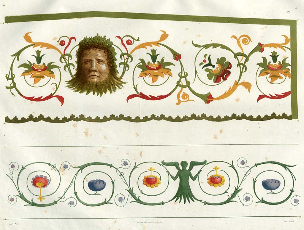 Via Consolare? Pre-1828 paintings by Zahn.
The lower painting described as being from a room in a house near the gate leading to Herculaneum. 
The upper painting showing a head, was then on display in Naples Museum.
See Zahn, W., 1828-29. Die schönsten Ornamente und merkwürdigsten Gemälde aus Pompeji, Herkulanum und Stabiae: I. Berlin: Reimer, taf. 71.