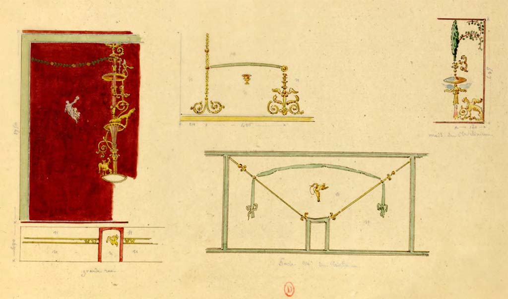 Via Consolare, on left, described as from the Grande Rue. Undated paintings by Chenavard.
Other paintings described as being from Maison du Triclinium. These have been entered into VIII.3.14.
However, this location could refer to VI.1.1, as it would make sense as to why they were both painted on the same page.
See Chenavard, Antoine-Marie (1787-1883) et al. Voyage d'Italie, croquis Tome 3, pl. 120.
INHA Identifiant numérique : NUM MS 703 (3). See Book on INHA 
Document placé sous « Licence Ouverte / Open Licence » Etalab