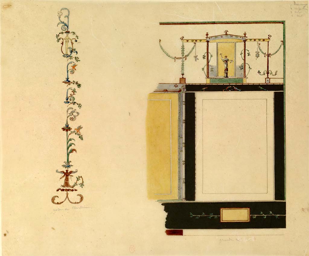 Via Consolare, on right, described as from the Grande Rue. Undated paintings by Chenavard.
This painting, on the right, may be a wall in the underground area of VI.17.25/23, where the painting with the three figures was found. 
(Also entered into VI.17.25/23).
The floral painted decoration on the left is described as being from Maison du Triclinium and has been entered into VIII.3.14. 
However, this location could refer to VI.1.1, as it would make sense as to why they were both painted on the same page. 
See Chenavard, Antoine-Marie (1787-1883) et al. Voyage d'Italie, croquis Tome 3, pl. 121.
INHA Identifiant numérique : NUM MS 703 (3). See Book on INHA 
Document placé sous « Licence Ouverte / Open Licence » Etalab
