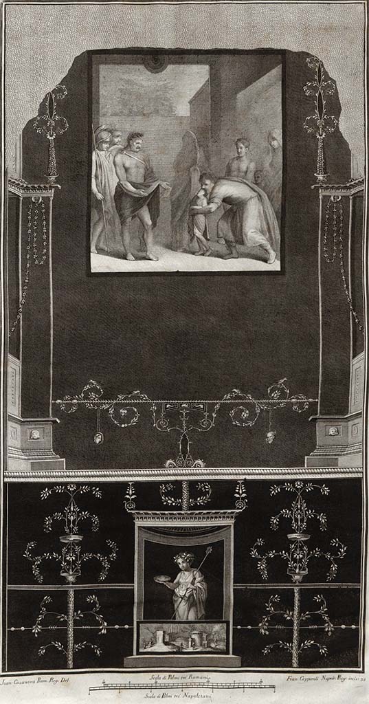 VI.17.9/11, or Irace at VI.17.00. Painting of family greeting a winning hero followed by several warriors.
See Gli ornati delle pareti ed i pavimenti delle stanze dell'antica Pompei incisi in rame: 1796, tav. 21. 
See Gli ornati delle pareti ed i pavimenti delle stanze dell'antica Pompei incisi in rame: 1838, tav. 30. 
Described as -
Pl.30 “Famiglia che si prostra ad un eroe vincitore seguito da diversi guerrieri: parete incisa dal Cepparoli”.
(Family greeting a winning hero followed by several warriors: wall incised by Cepparoli.)