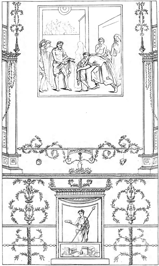 VI.17.9/11, or Irace at VI.17.00. Pre-1843. Drawing by Abbate of wall, as above.
See Raccolta de più interessante Dipinture e di più belle Musaici rinvenuti negli Scavi di Ercolano, di Pompei, e di Stabia. 1843. Napoli.