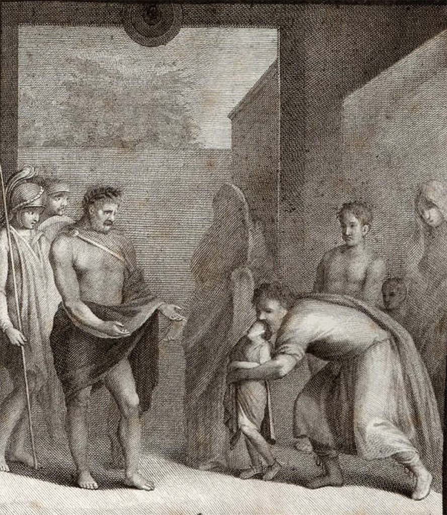 VI.17.9/11, or Irace at VI.17.00. Pre-1838. Drawing by Abbate of detail of central painting, as above.
See Gli ornati delle pareti ed i pavimenti delle stanze dell'antica Pompei incisi in rame: 1838, pl. 30 detail.