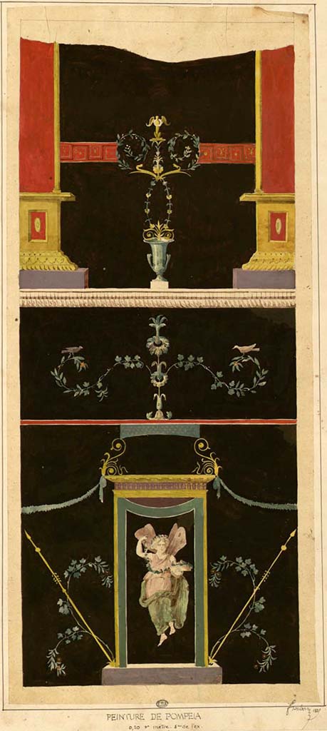 VI.17.9/11, or Irace at VI.17.00. Same as other drawings below.
See Duban F. Album de dessins d'architecture effectués par Félix Duban pendant son pensionnat à la Villa Medicis, entre 1823 et 1828: Tome 2, Pompéi, pl. 109.
INHA Identifiant numérique NUM PC 40425 (2)
https://bibliotheque-numerique.inha.fr/idurl/1/7157  « Licence Ouverte / Open Licence » Etalab