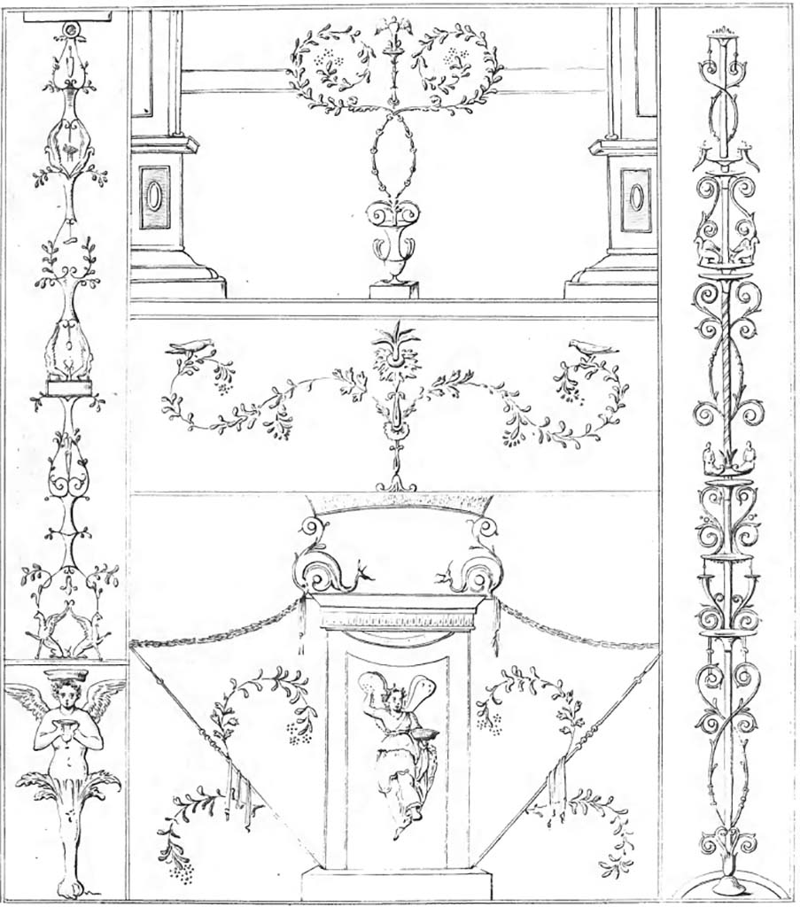 VI.17.9/11, or Irace at VI.17.00. Same as below by Poirot. (Candelabra added to above drawing)
See Raccolta de più interessante Dipinture e di più belle Musaici rinvenuti negli Scavi di Ercolano, di Pompei, e di Stabia. 1843. Napoli.
