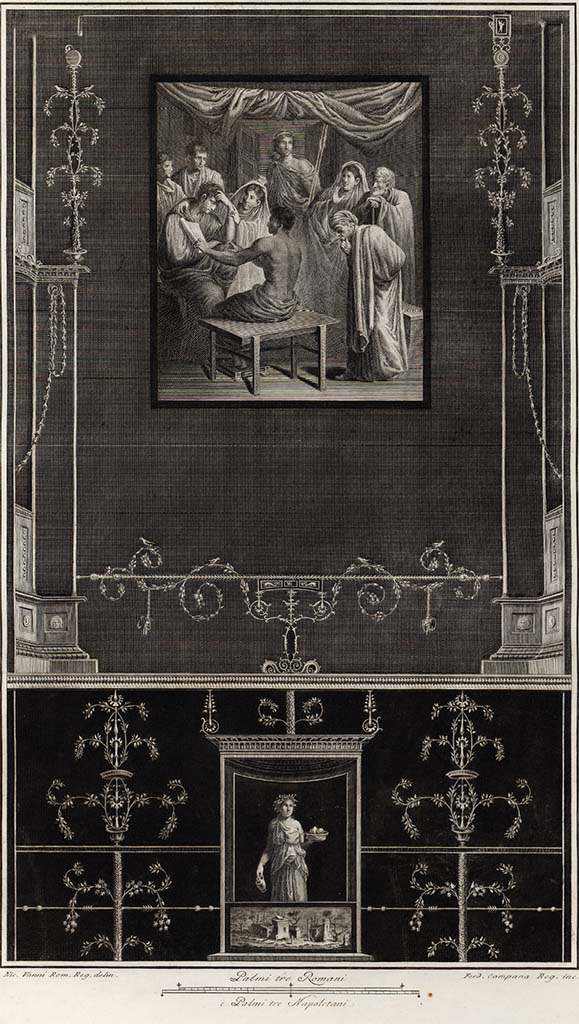 VI.17.9/11, or Irace at VI.17.00. 1796 painting by Vanni described as Admetus and Alcestis or Iphigenia in Tauris.
See Gli ornati delle pareti ed i pavimenti delle stanze dell'antica Pompei incisi in rame: 1796, pl. 20.
In Ornati, 1838, pl. 29, it was described as “Ifigenia in Tauride”, Quadro pregevolissimo pel soggetto eper la composizione: parete incisa dal Campana.”
See Gli ornati delle pareti ed i pavimenti delle stanze dell'antica Pompei incisi in rame: 1838, pl. 30.
According to Grimaldi – this painting was from Masseria Irace, VII.6, a painting of Admetus and Alcestis
Now in Naples Archaeological Museum, inventory number SN 16.
See Grimaldi, M. (ed): The Painters of Pompeii, MondoMostre, Rome, (p.114/115, no.24).